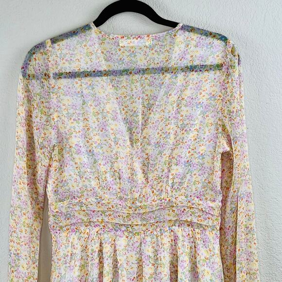 Elodie White Multi Floral Sheer Ruched Front Tie Surplice Mini Dress Medium NWOT - Picture 10 of 16